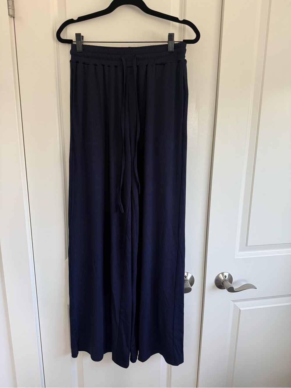 Wide Leg Ribbed Drawstring Pants - Navy